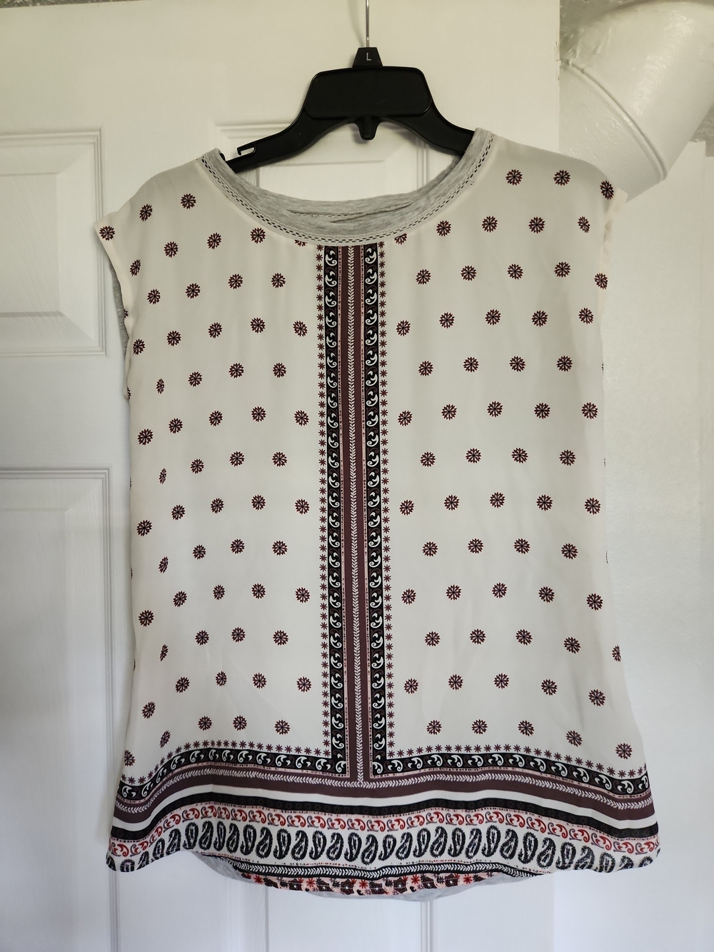 Maurices Cream Sleeveless Tank with Burgundy and Black Printed Trim